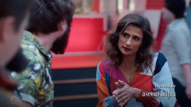 Tanya Taylor Klara Colorblock Top worn by Emet (Sarayu Blue) as seen in I Feel Bad S01E09
