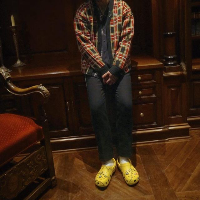 Post Malone X Crocs Barbed Wire Clog in Yellow shoes worn by Post Malone on the Instagram account @postmalone