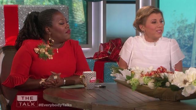 Alfani Pleated Flounce Red Dress worn by Sheryl Underwood on The Talk December 13, 2018