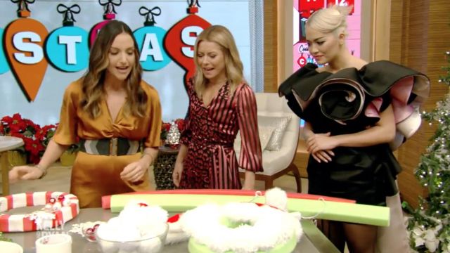 Alice + Olivia Abigail devoré silk blend chiffon wrap dress worn by Kelly Ripa in LIVE with Kelly and Ryan