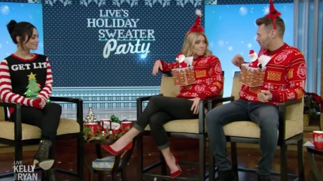 Jack in the Box Santa Claus 3D Ugly Christmas Sweater worn by Kelly Ripa in LIVE with Kelly and Ryan
