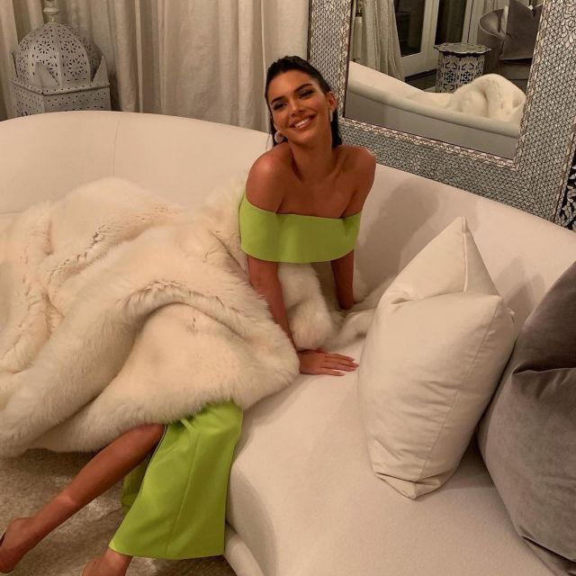 Palm Green Off The Shoulder Crepe Gown of Kendall Jenner on the Instagram account @kendalljenner