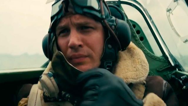 Brown Shearling Leather Bomber Jacket worn by Farrier (Tom Hardy) as seen in Dunkirk