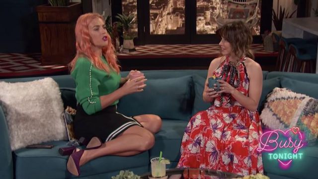 Floral Red Off The Shoulder Dress worn by Linda Cardellini on Busy Tonight January 15, 2019