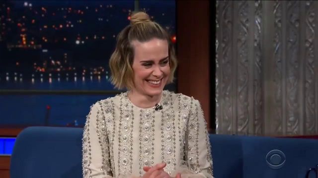 Valentino embellished dress with pink feathered puff sleeves worn by Sarah Paulson on The Late Show with Stephen Colbert January 20, 2019