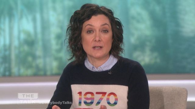 Bella Freud 1970 Rainbow Graphic Cashmere Sweater worn by Sara Gilbert on The Talk January 22, 2019