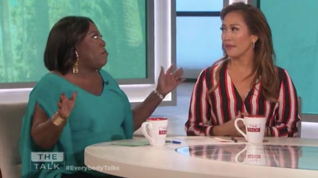 Eloquii Green Flare Sleeve Bow Back Top worn by Sheryl Underwood on The Talk January 22, 2019