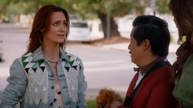 Levi's Boyfriend Denim Trucker Jacket w/ Embroidery worn by Maya (Diane Farr) in Splitting Up Together (S02E01)
