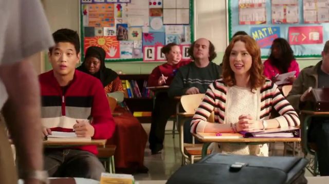 Maison Jules Striped Ruffle Cardigan worn by Kimmy Schmidt (Ellie Kemper) in Unbreakable Kimmy Schmidt (S01E06)