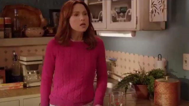 Lands End Drifter Cable Knit Sweater in Vibrant Magenta worn by Kimmy Schmidt (Ellie Kemper) in Unbreakable Kimmy Schmidt (S02E03)