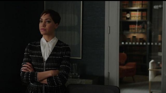 Alexander McQueen Pleated Knit Peplum Top worn by Lucca Quinn (Cush Jumbo) in The Good Fight (S01E05)