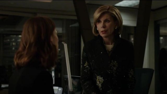 Lafayette 148 New York Genever painterly Floral Topper Jacket worn by Diane Lockhart (Christine Baranski) in The Good Fight (S01E07)