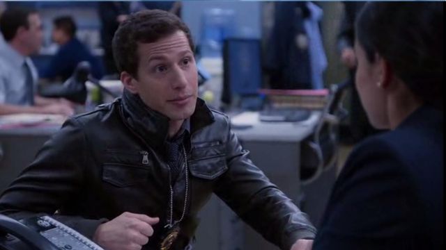 v Faux Leather Moto Jacket by Charles & 1/2 worn by Jake Peralta (Andy Samberg) in Brooklyn Nine-Nine (S03E14) (S03E14)