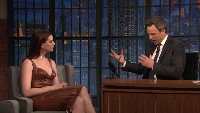 Ermanno Scervino Brown Leather Dress Spring 2019 Collection worn by Anne Hathaway on Late Night with Seth Meyers January 24, 2019