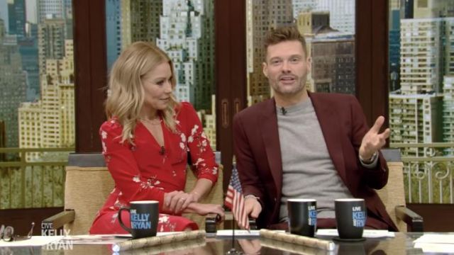Intermix Ottavia Printed Wrap Red Floral Dress worn by Kelly Ripa on LIVE with Kelly and Ryan February 5, 2019