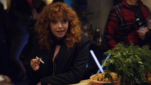 Nili Lotan Tie Neck Top in Black worn by Nadia Vulvokov (Natasha Lyonne) in Russian Doll S01E01
