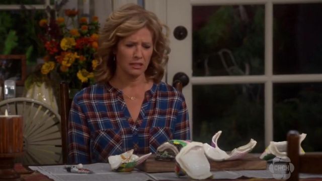 Joie Nelia Plaid Silk Top worn by Vanessa Baxter (Nancy Travis) in Last Man Standing (S06E08)