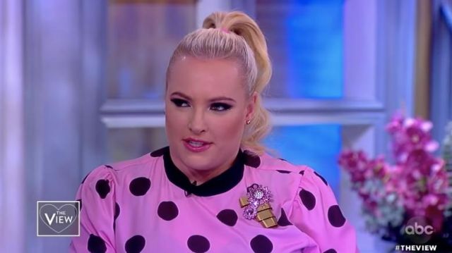Zara Satin polka dot bow blouse in pink worn by Meghan McCain on The View February 14, 2019