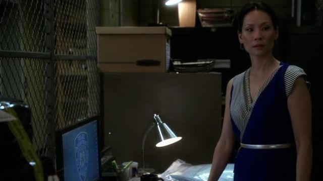 Bouchra Jarrar Blue Wrap Dress with Striped Panels worn by Dr. Joan Watson (Lucy Liu) in Elementary (S04E06)