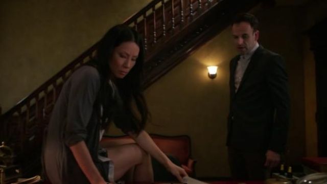 Calvin Klein  Essentials Short Satin Robe in Charcoal / Silverstone worn by Dr. Joan Watson (Lucy Liu) in Elementary (S05E13) (S05E13)