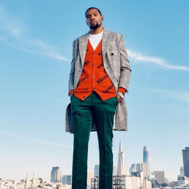 Calvin Klein plaid trench coat worn by Kevin Durant on the Instagram account @leaguefits