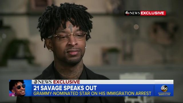 Glasses worn by 21 savage on his ITW on ABC News