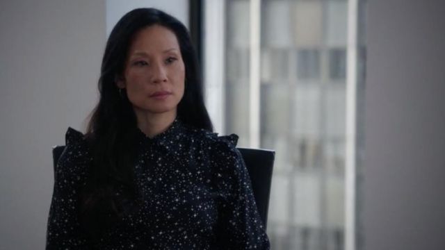 Frame Diamond-Print Silk Button-Down Shirt worn by Dr. Joan Watson (Lucy Liu) in Elementary (S06E21)