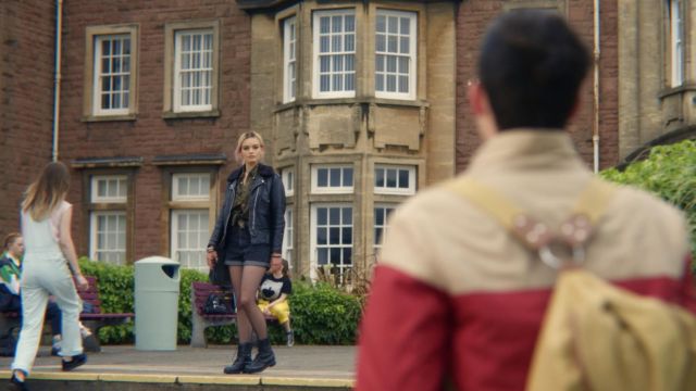 Black leather boots worn by Maeve Wiley (Emma Mackey) in Sex Education S01E01
