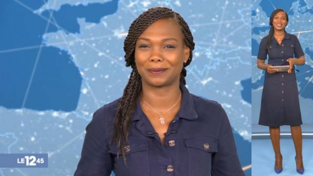 The navy dress of Kareen Guiock in The 12:45 to M6 of the 14/02/2019