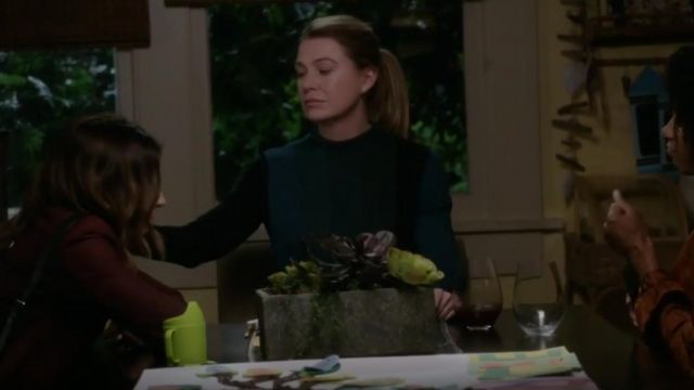 Akris Punto Turtleneck Slit Long-Sleeve Striped Wool Knit Top usado por la Dra. Meredith Grey (Ellen Pompeo) en Grey's Anatomy (S15E16)