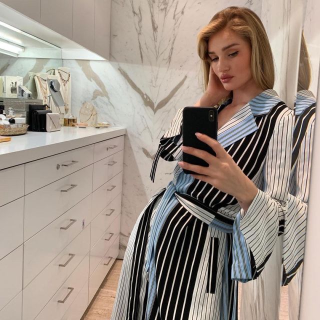 BCBGMaxAzria Striped Long Trench Coat in Placid Blue worn by Rosie Huntington-Whiteley on her Instagram account @rosiehw