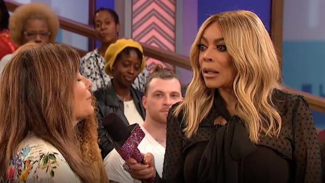 Altuzarra for Target Longsleeve black swiss dot blouse worn by Wendy Williams on The Wendy Williams Show December 25, 2018