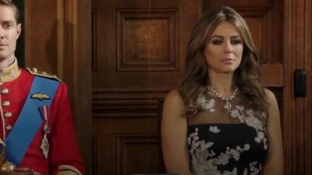 Tadashi Shoji Belted Embroidered Scuba Sheath Dress worn by Queen Helena (Elizabeth Hurley) in The Royals (S03E09)