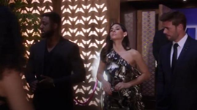 Attico One Shoulder Metallic Chiffon Ruffled Cocktail Dress worn by Nina Ferrera (Camila Banus) in Star (S03E06)