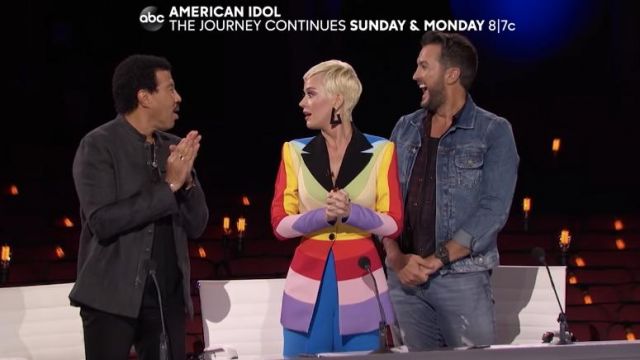 Custom Nguyen Cong Tri rainbow blazer worn by Katy Perry on American Idol 2019