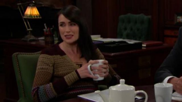 Diane von Furstenberg Metallic Striped Wrap Sweater worn by Rena Sofer in The Bold and the Beautiful (S32E90)
