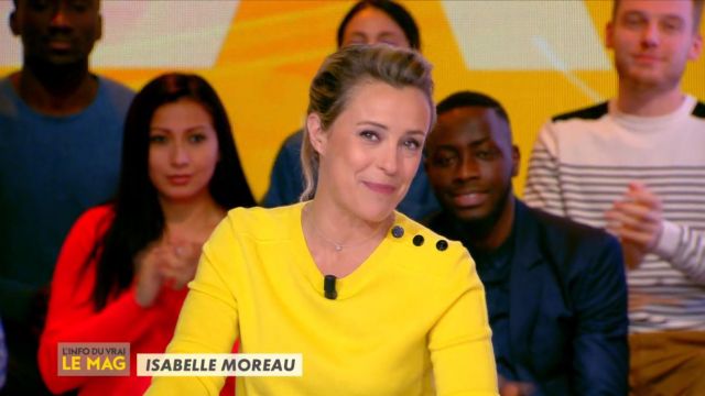 El jersey amarillo 3 botones de Isabelle Moreau en L'Info du vrai del 25/03/2019 (disponible en rojo y marino)