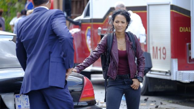 Leather jacket worn by Riley Davis (Tristin Mays) as seen in MacGyver S01E06
