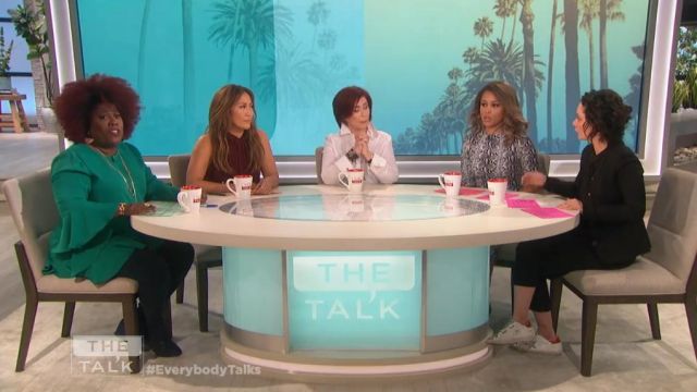 Alfani Asymmetrical Bell-Sleeve Top worn by Sheryl Underwood on The Talk February 19, 2019