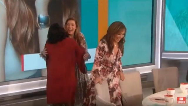 Iro Garden Surplice Long Sleeve Printed Wrap Dress worn by Carrie Ann Inaba on TV Show The Talk February 20, 2019