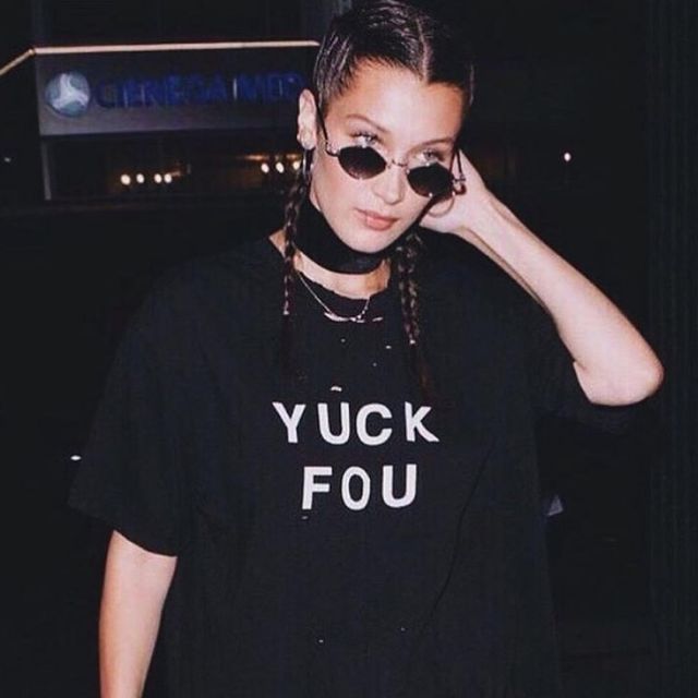 Black t-shirt Yuck Fou worn by Bella Hadid on the Instagram account of @bijouavenue
