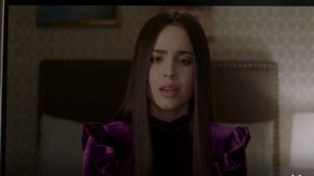 Sandro  Emily Ruffled Vevlet Dress worn by Ava Jalali (Sofia Carson) in Pretty Little Liars: The Perfectionists (S01E03)
