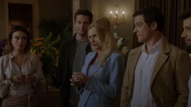 Blue Double-Breasted Bouclé-Tweed Blazer worn by Alexis Carrington (Nicollette Sheridan) in Dynasty Season 1 Episode 21