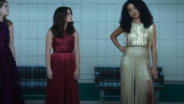 Herve Leger Sleeveless Metallic Fringe Gown worn by Kat Edison (Aisha Dee) in The Bold Type (S01E01)