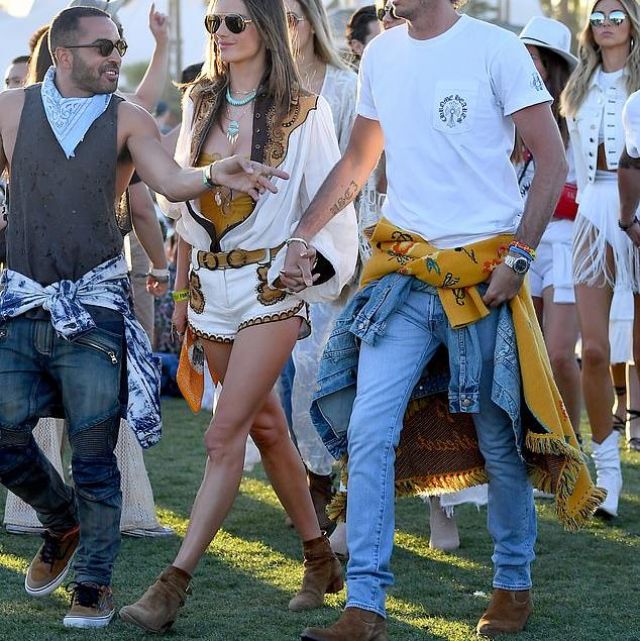Saint Laurent Women's Natural Blake Suede Belted Ankle Boots worn by Alessandra Ambrosio At Coachella Festival April 12, 2019