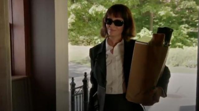 Tom Ford Belted Leather Peplum Wrap Jacket worn by Lenny Cohen (Uma Thurman) in Imposters (S02E07)