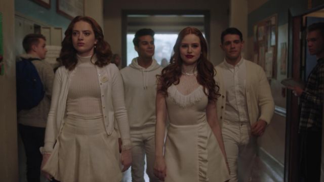 Madelaine Petsch: White Blouse, Ruffled Skirt