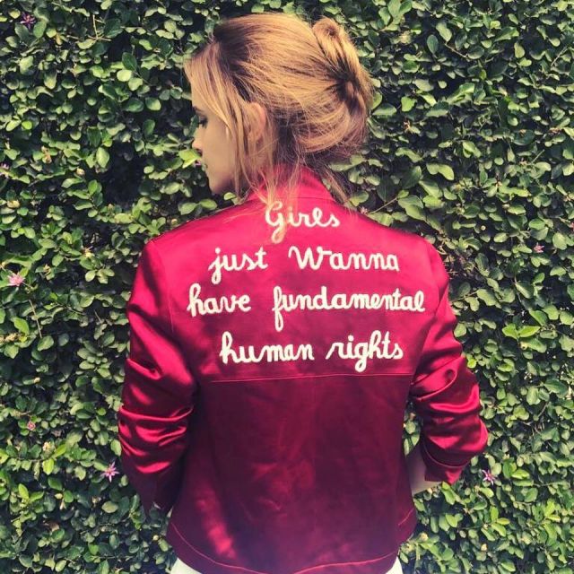 The jacket is "Girls just wanna have fundamental human rights" as worn by Emma Watson on her account Instagram @emmawatson