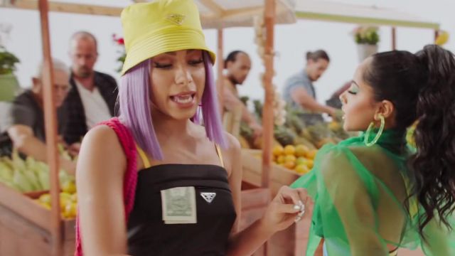 Prada Nylon gabardine bustier top in Black worn by Anitta in her Banana music video feat. Becky G