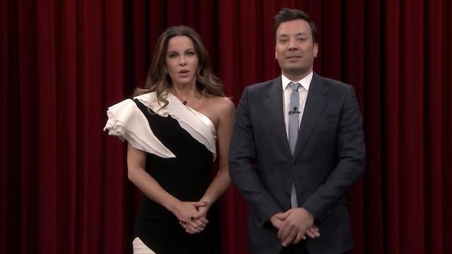 Georges Chakra Black and White Dress worn by Kate Beckinsale on The Tonight Show Starring Jimmy Fallon April 17, 2019